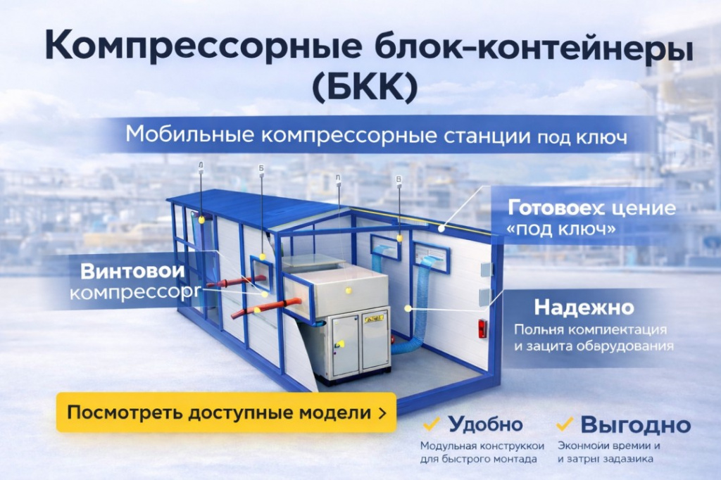 Блок-контейнерная компрессорная станция БКК заводской сборки для автономного обеспечения предприятий сжатым воздухом. Решение для эксплуатации в сложных климатических условиях.